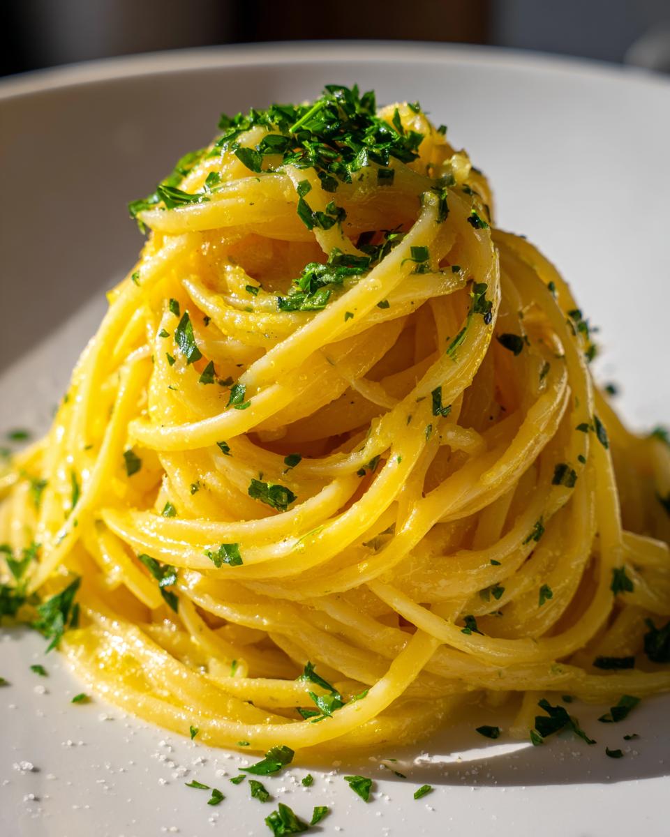 Close-up of a twirled mound of glossy Lemon Butter Linguine topped with fresh chopped parsley.