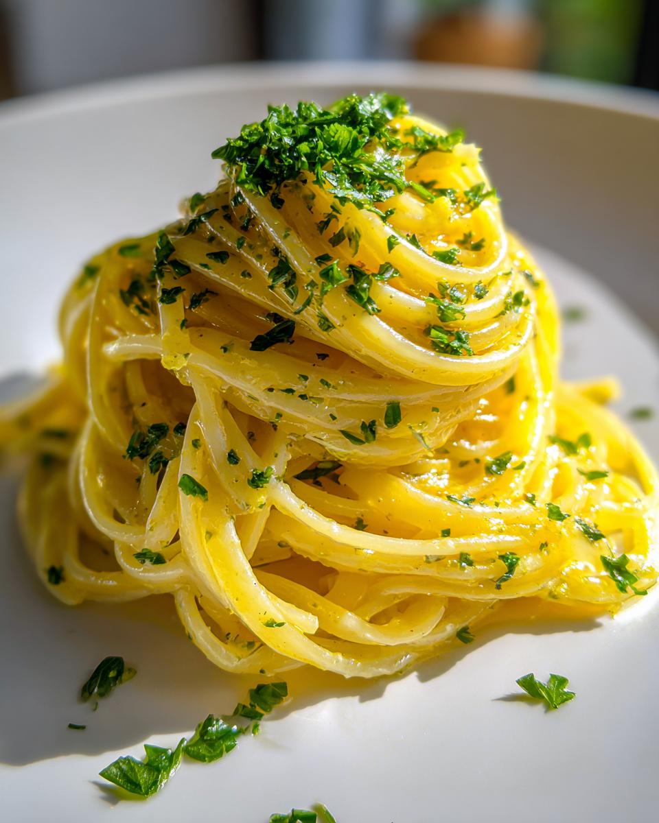 A beautiful swirl of glossy Lemon Butter Linguine topped with fresh chopped parsley on a white plate.