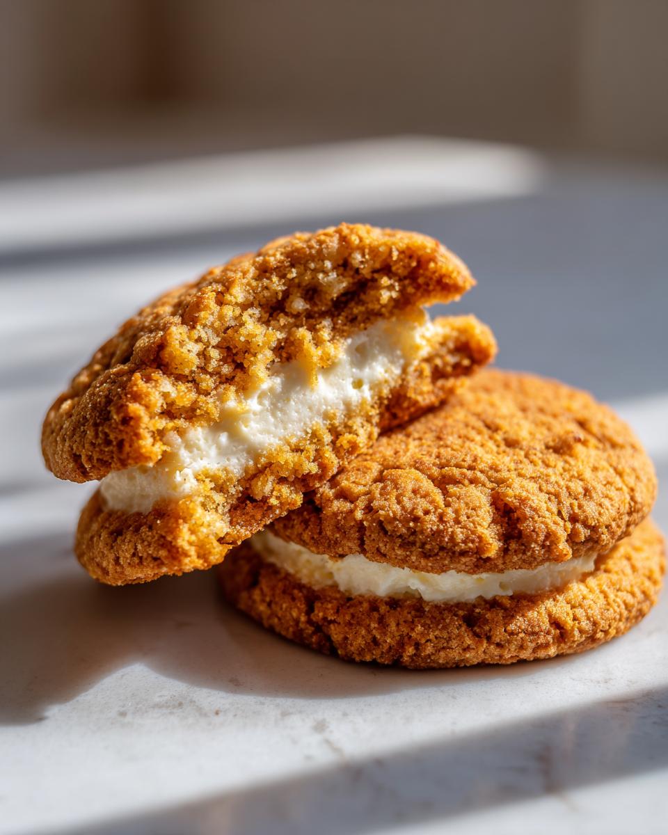Close-up of two Lemon Coconut Cheesecake Cookies sandwiched together, one broken open revealing creamy white filling.
