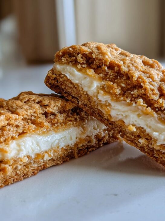 Close-up of two halves of a Lemon Coconut Cheesecake Cookies sandwich showing the thick creamy filling.