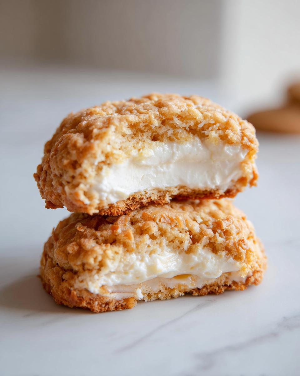 Two halves of a Lemon Coconut Cheesecake Cookie stacked, showing the thick, creamy white filling inside the crumbly cookie.