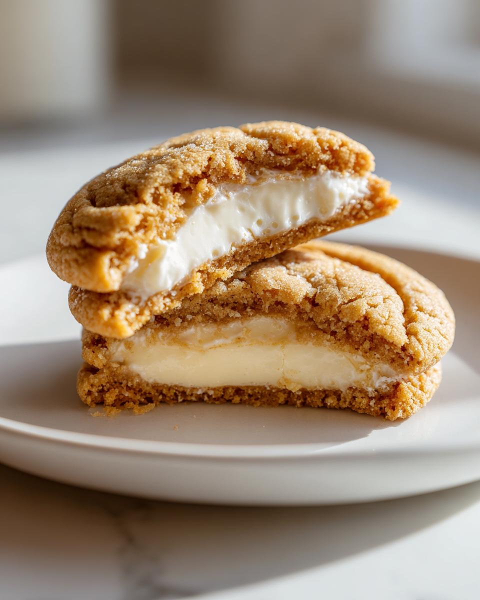 Two halves of a Lemon Coconut Cheesecake Cookies stacked, showing a thick, creamy cheesecake filling.