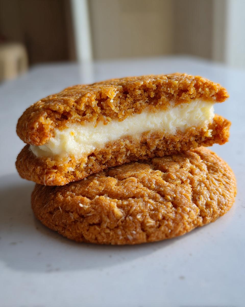 Close-up of Lemon Coconut Cheesecake Cookies, one cookie split to show creamy filling.