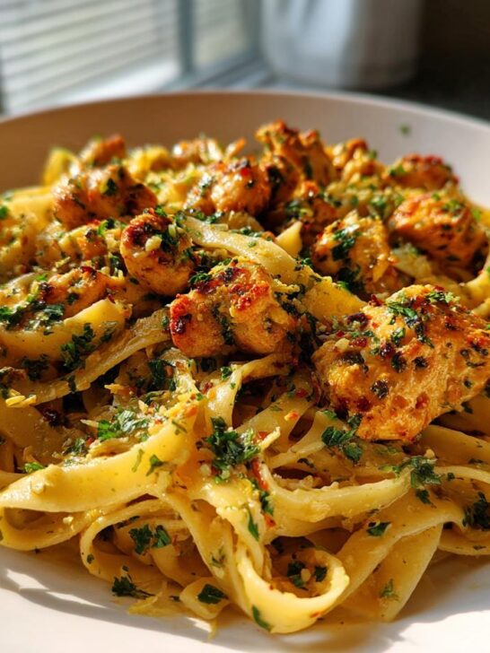 A close-up, sunlit view of Lemon Garlic Chicken Pasta featuring fettuccine noodles, seasoned chicken pieces, and fresh parsley.