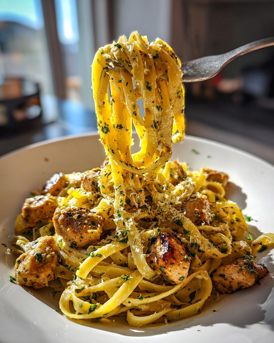 A fork lifts a twirl of fettuccine coated in sauce from a bowl of Lemon Garlic Chicken Pasta topped with browned chicken pieces.