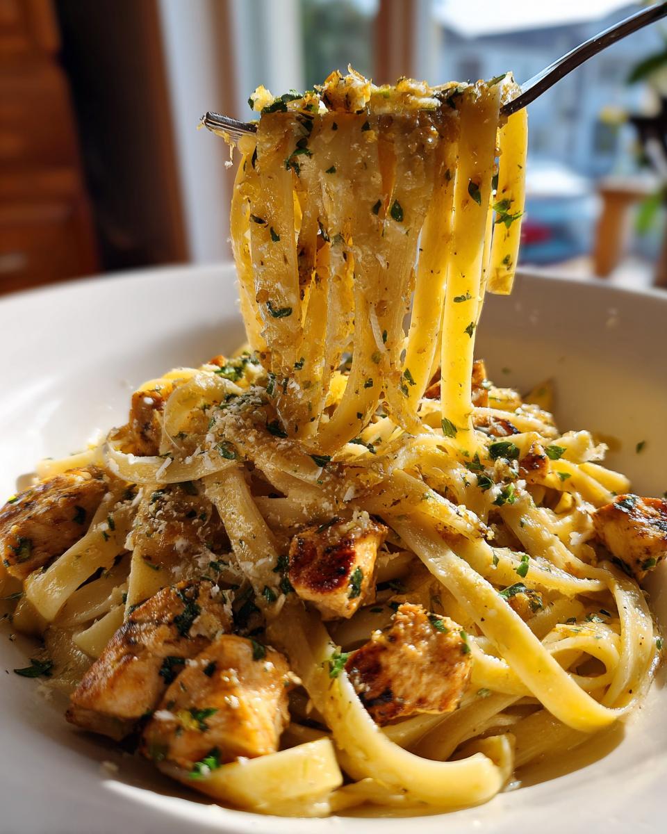 A fork lifting fettuccine noodles coated in sauce, herbs, and cheese from a bowl of Lemon Garlic Chicken Pasta.
