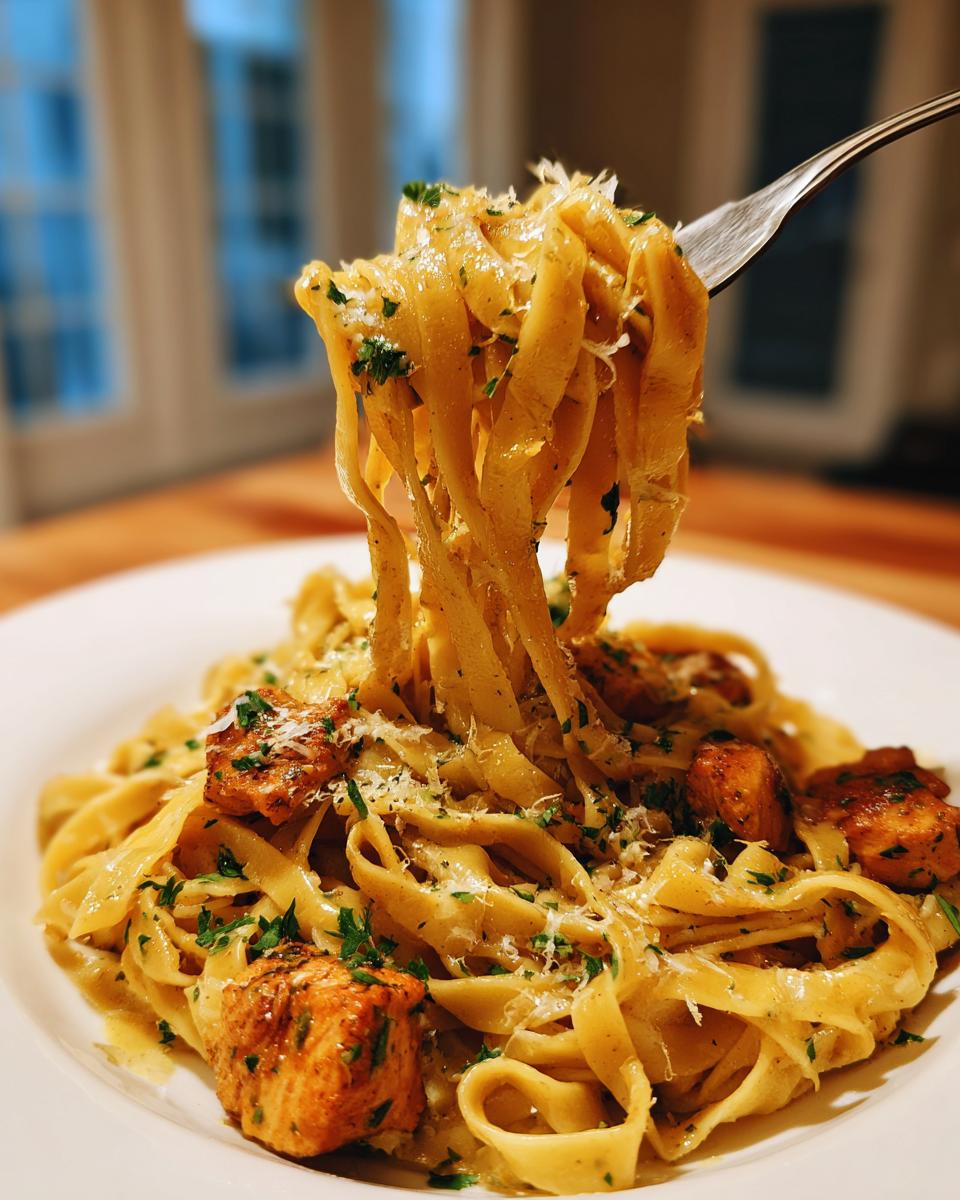 A fork lifting a generous portion of Lemon Garlic Chicken Pasta, featuring fettuccine coated in sauce, chicken pieces, and grated cheese.