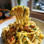 A fork lifting fettuccine noodles coated in sauce from a bowl of Lemon Garlic Chicken Pasta, garnished with parsley and zest.