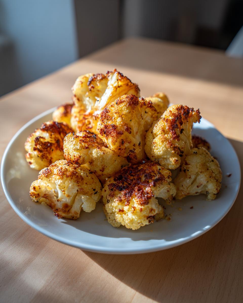 A white plate piled high with golden brown, roasted Lemon Pepper Cauliflower Bites, catching the sunlight.