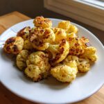 A pile of perfectly roasted Lemon Pepper Cauliflower Bites seasoned with black pepper, served on a white plate.