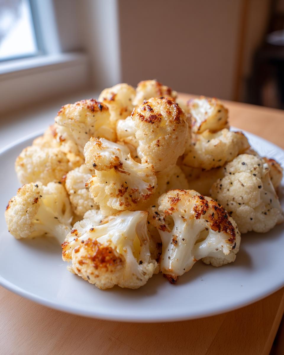 Close-up of roasted Lemon Pepper Cauliflower Bites piled high on a white plate, showing golden-brown edges.