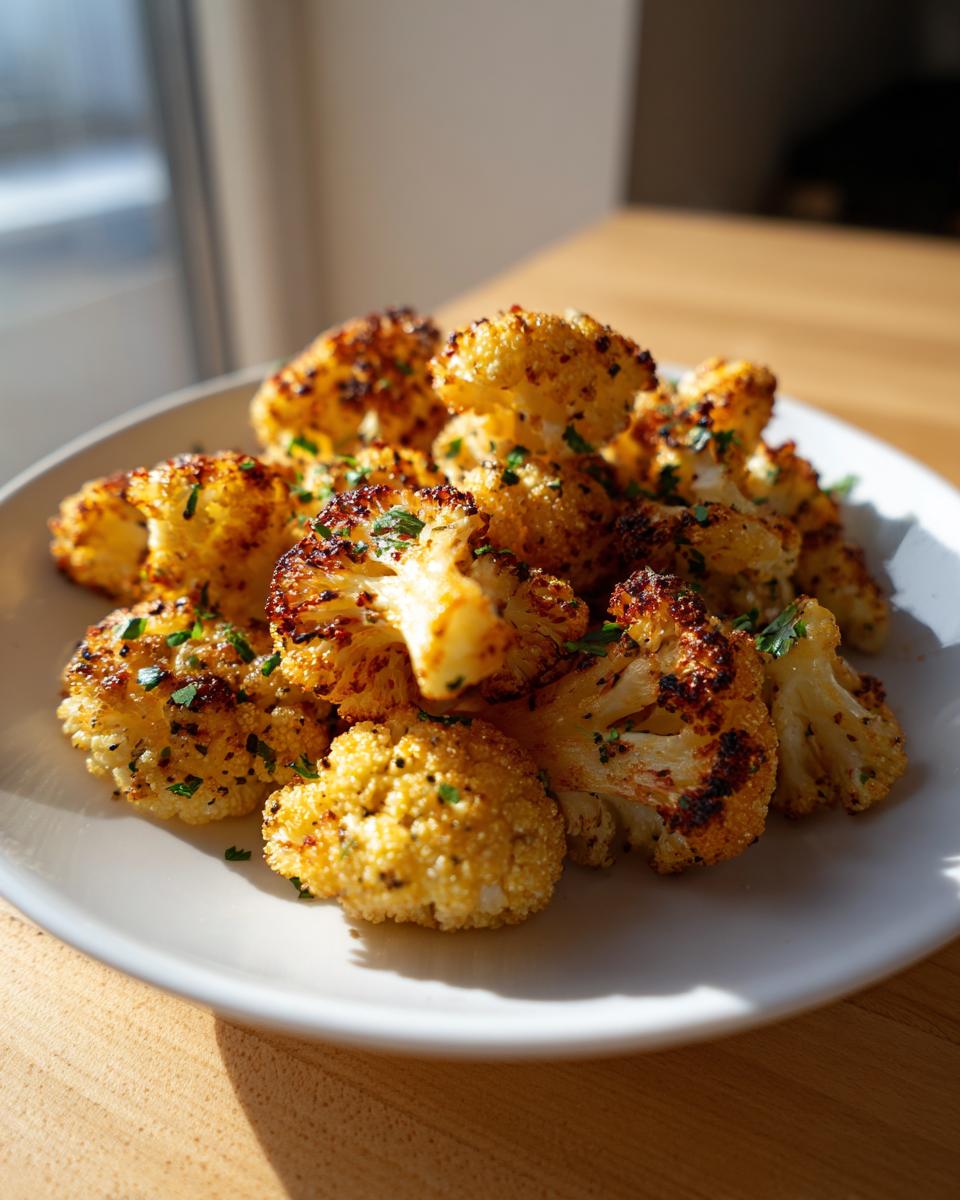A close-up of crispy, golden Lemon Pepper Cauliflower Bites seasoned with herbs, served on a white plate.