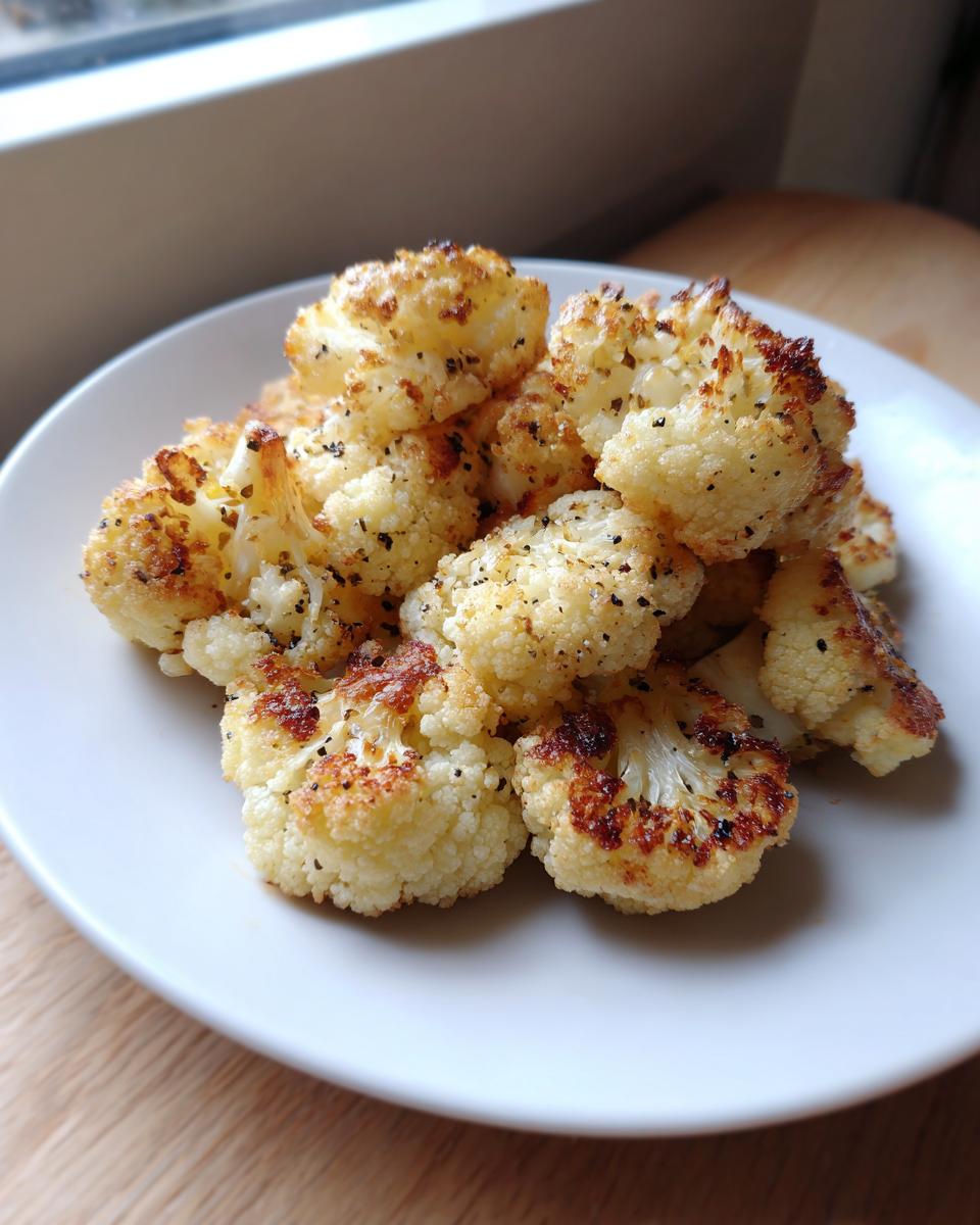 A serving of crispy, roasted Lemon Pepper Cauliflower Bites seasoned with black pepper on a white plate.