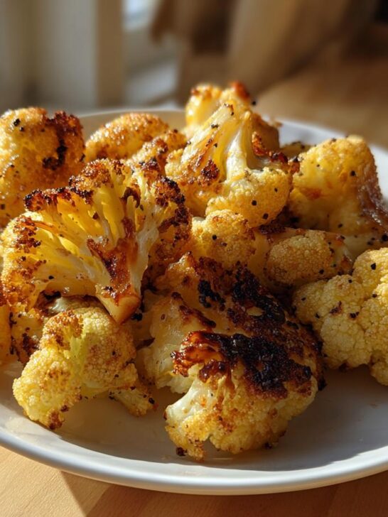 Close-up of golden brown, seasoned Lemon Pepper Cauliflower Bites piled high on a white plate.