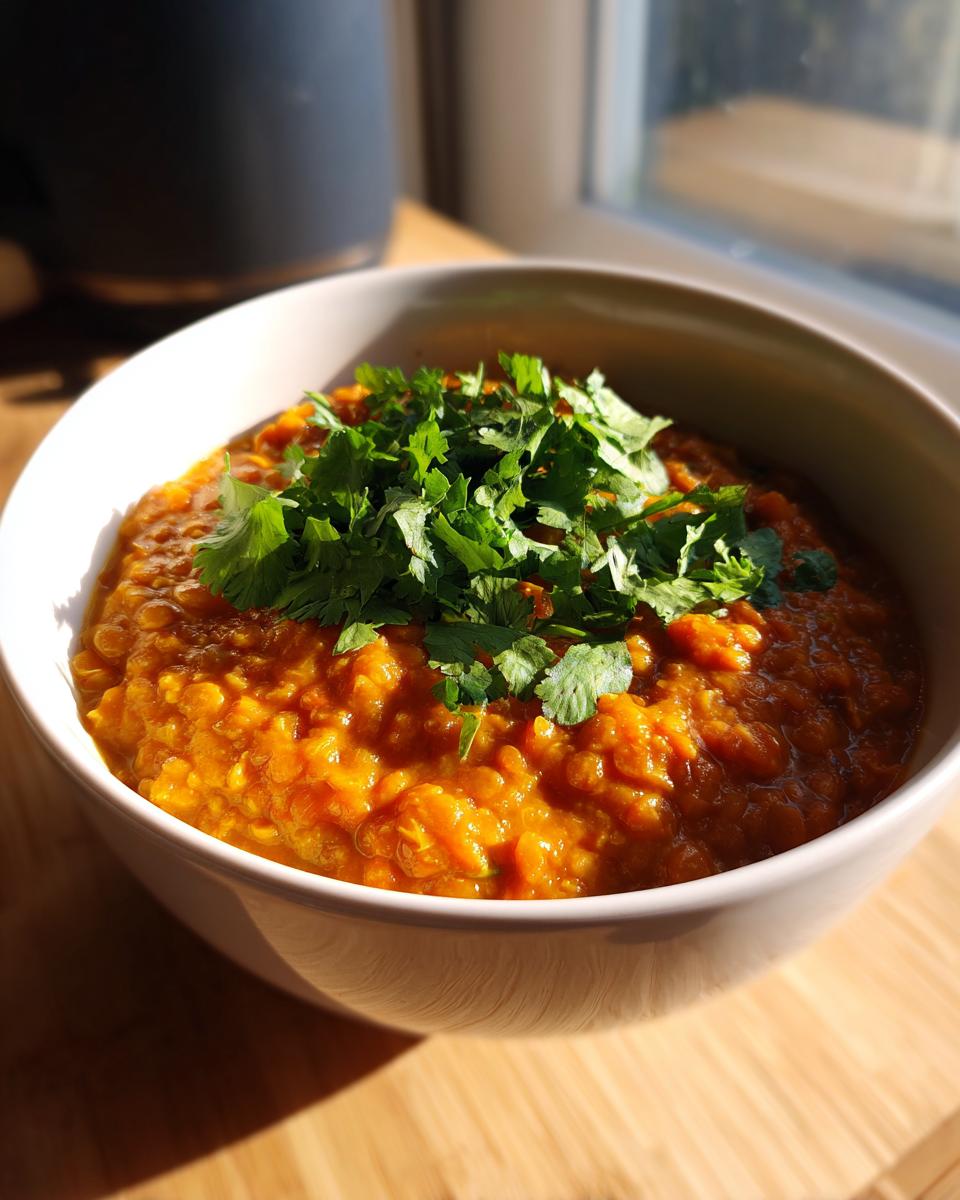 A close-up of vibrant orange Lentil Curry With Coconut Milk, topped generously with fresh cilantro.