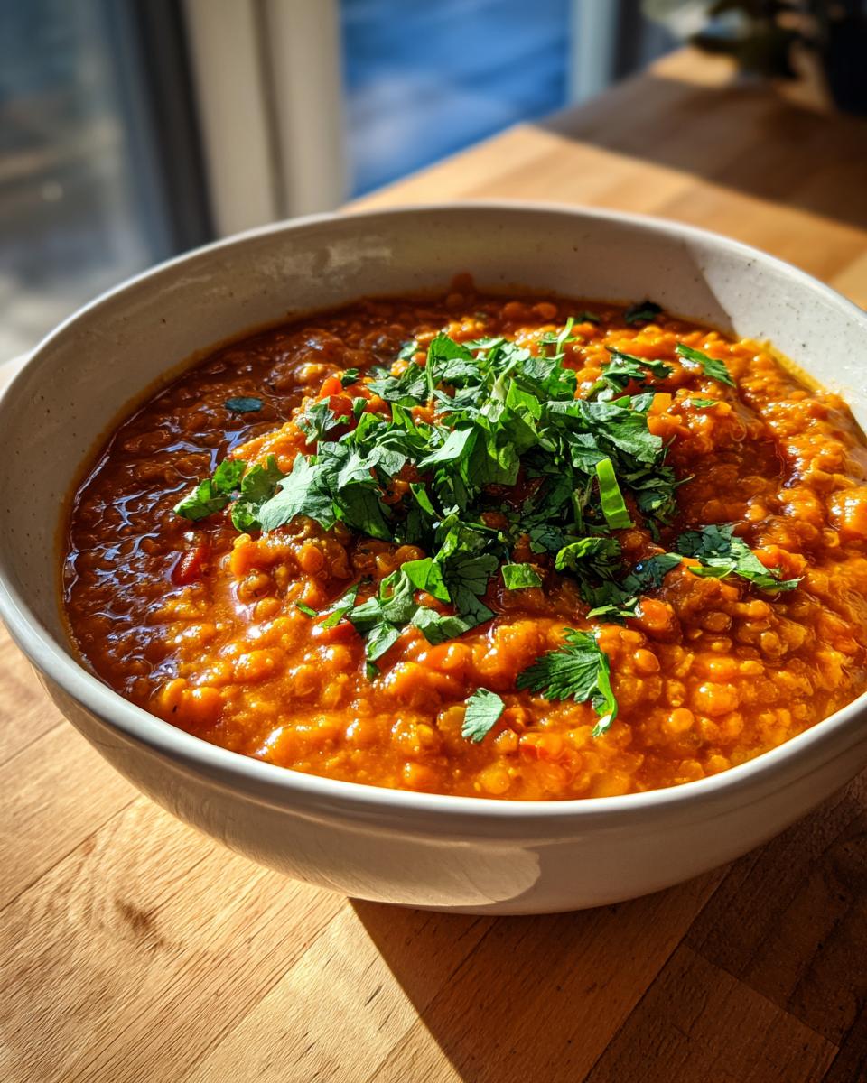 Close-up of vibrant orange Lentil Curry With Coconut Milk topped with fresh chopped cilantro.