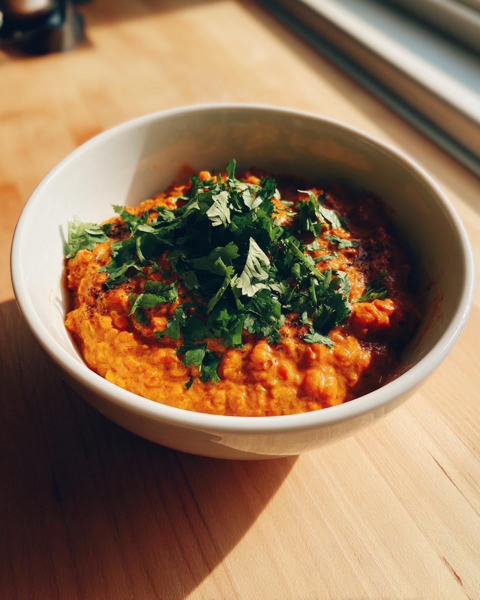 Close-up of a vibrant orange Lentil Curry With Coconut Milk, topped generously with fresh cilantro.
