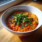 A close-up of a vibrant orange Lentil Curry With Coconut Milk, topped generously with fresh chopped cilantro.