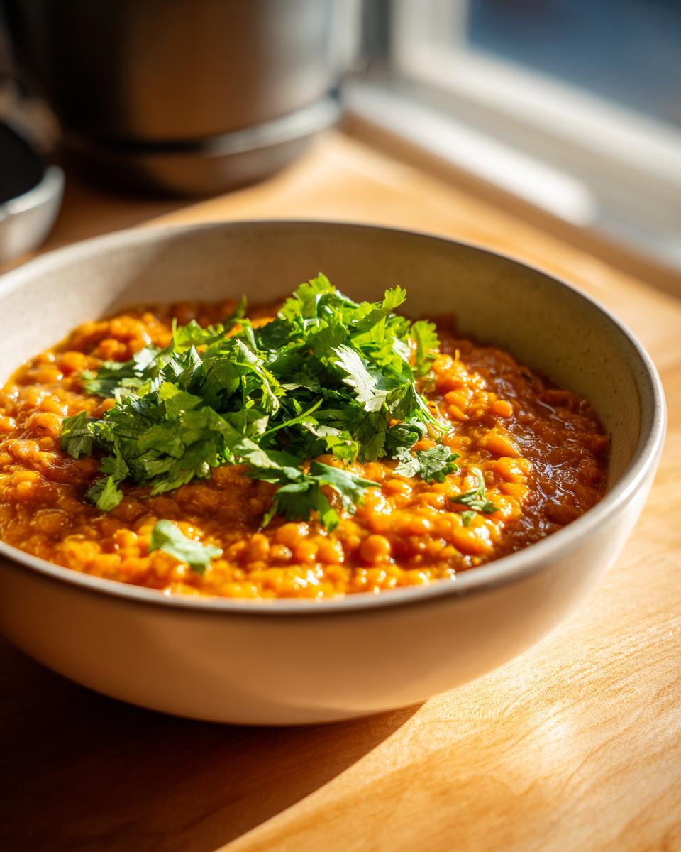 Close-up of a warm bowl of vibrant orange Lentil Curry With Coconut Milk, topped generously with fresh cilantro.