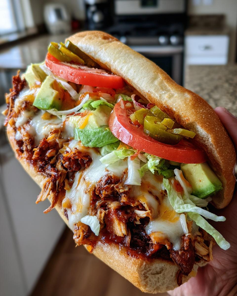 A close-up of a large, loaded Chicken Torta Sandwich featuring shredded chicken, melted cheese, avocado, tomato, and jalape&ntilde;os.