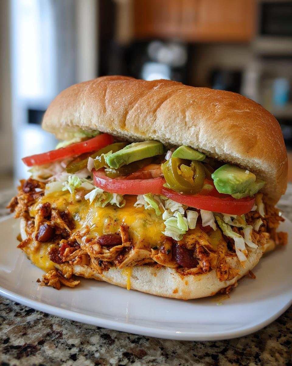 A fully loaded Chicken Torta Sandwich featuring shredded chicken, melted cheese, lettuce, tomato, avocado, and jalape&ntilde;os on a soft roll.