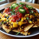 Close-up of Loaded Vegan Queso Skillet Nachos covered in melted vegan cheese, black beans, corn, salsa, and jalape&ntilde;os.