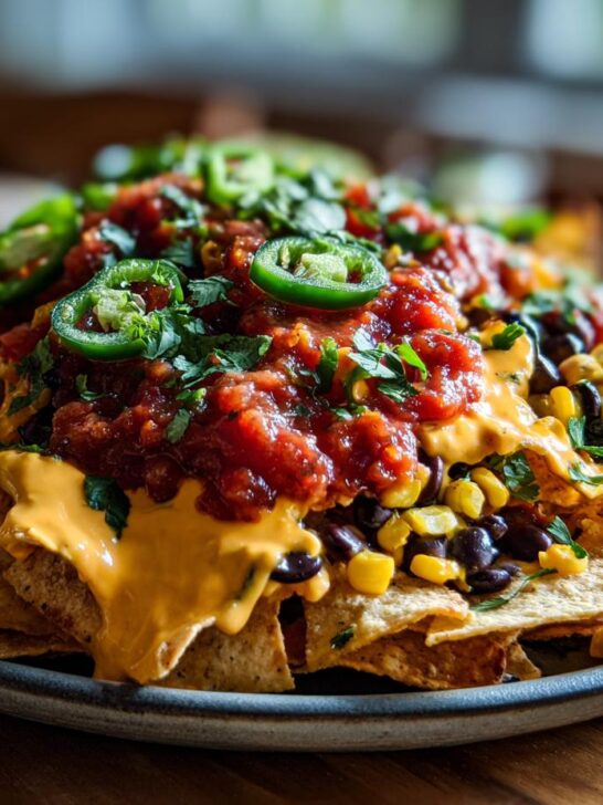 Close-up of Loaded Vegan Queso Skillet Nachos covered in vegan cheese sauce, salsa, corn, black beans, and jalape&ntilde;os.