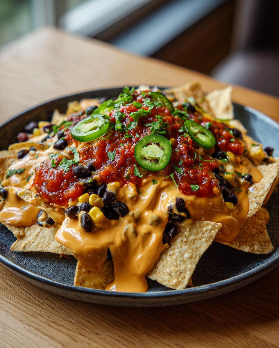Close-up of Loaded Vegan Queso Skillet Nachos covered in orange vegan queso, black beans, corn, salsa, and jalape&ntilde;o slices.
