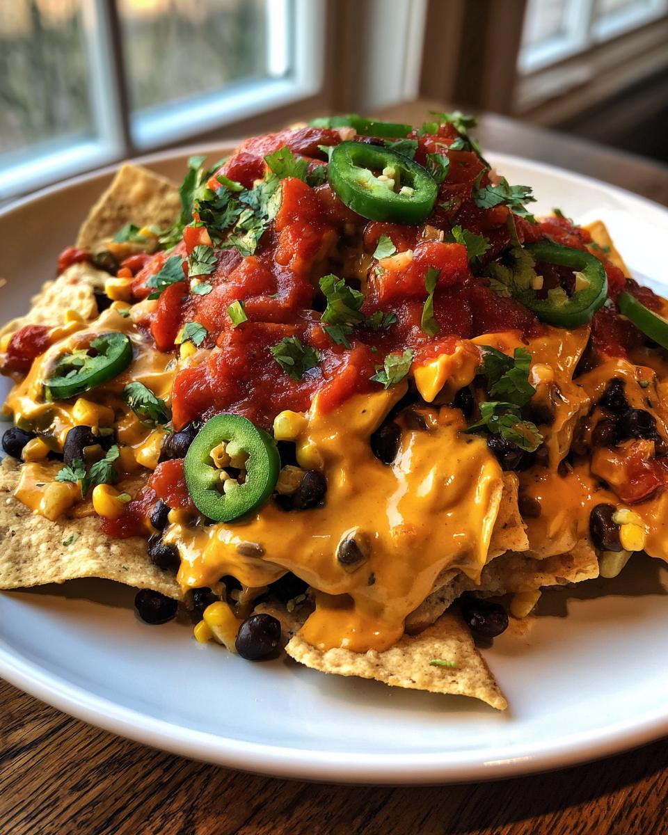A close-up of Loaded Vegan Queso Skillet Nachos piled high with vegan cheese sauce, salsa, black beans, corn, and jalape&ntilde;o slices.