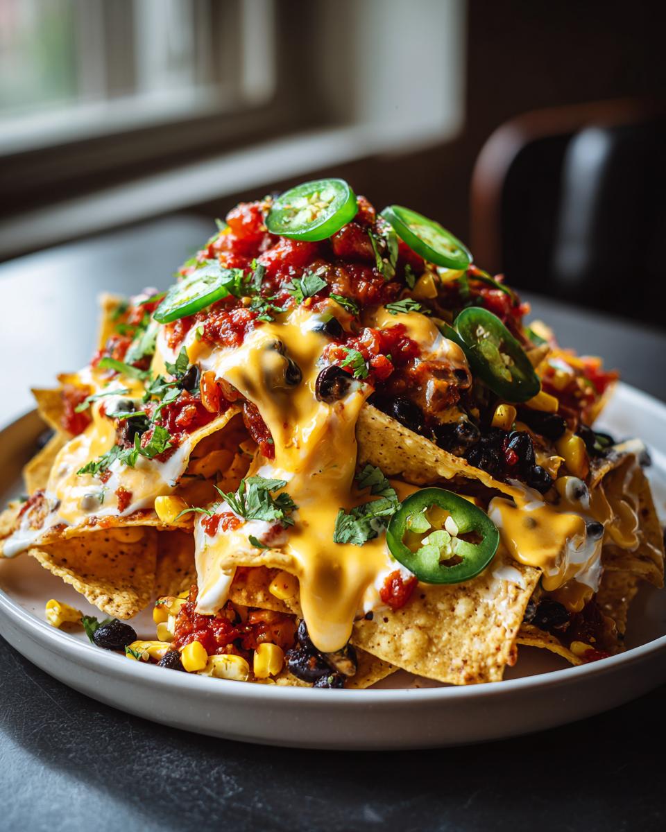 A towering plate of Loaded Vegan Queso Skillet Nachos topped with bright yellow queso, salsa, black beans, corn, and sliced jalape&ntilde;os.