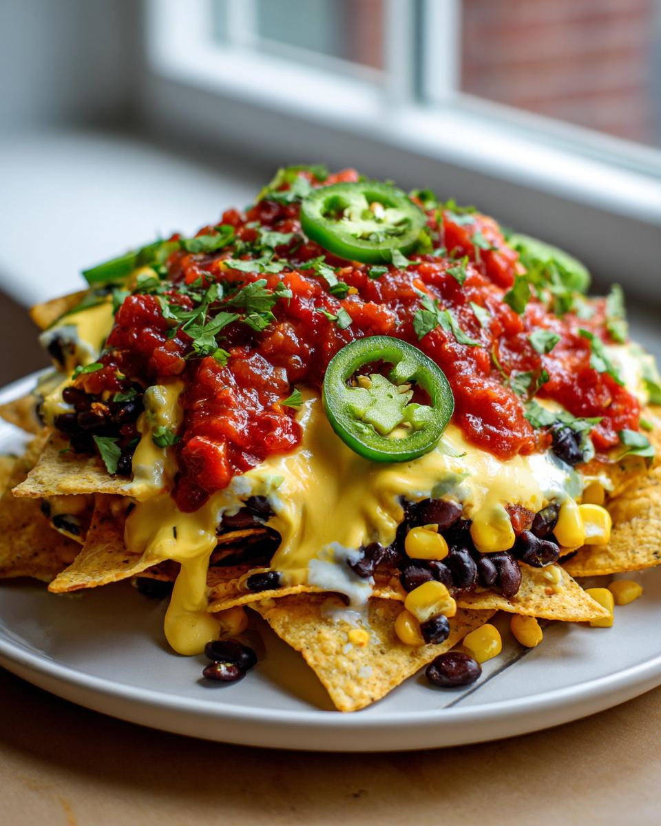 A tall stack of Loaded Vegan Queso Skillet Nachos covered in vegan cheese sauce, salsa, black beans, corn, and jalape&ntilde;o slices.