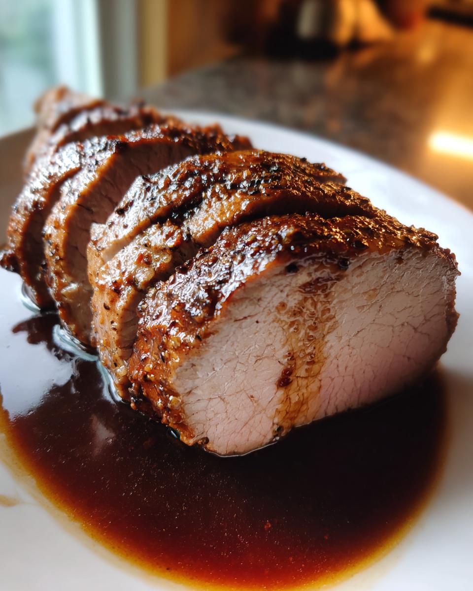 Close-up of a perfectly cooked Maple Bourbon Glazed Pork Tenderloin, sliced to show the moist interior and sticky glaze.