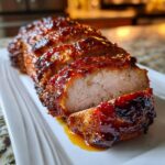 Close-up of a perfectly cooked Maple Bourbon Glazed Pork Tenderloin, sliced to show juicy interior and sticky glaze.