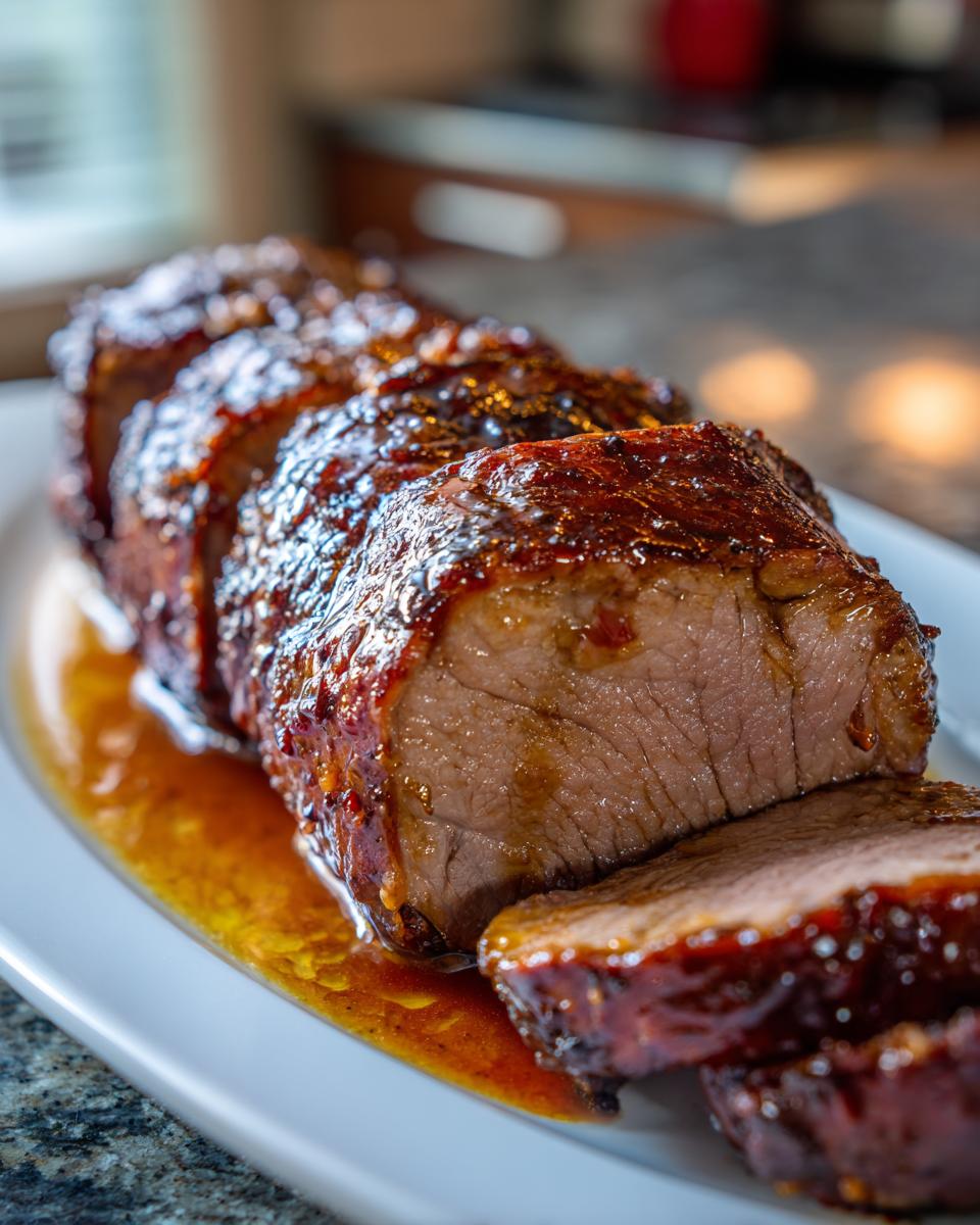 Close-up of sliced Maple Bourbon Glazed Pork Tenderloin resting in its rich, shiny glaze on a white platter.