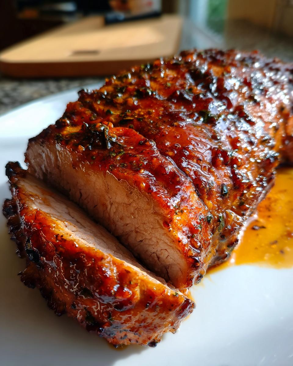 Close-up of a sliced Maple Bourbon Glazed Pork Tenderloin showing the moist interior and shiny glaze.