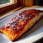 A perfectly cooked fillet of Maple Bourbon Glazed Salmon with a thick, shiny, caramelized topping.