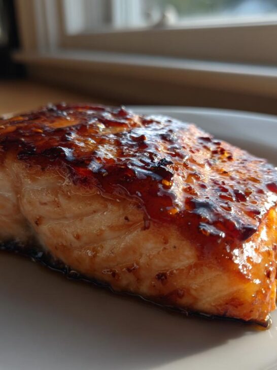 A close-up of a perfectly cooked fillet of Maple Bourbon Glazed Salmon with a shiny, caramelized topping.