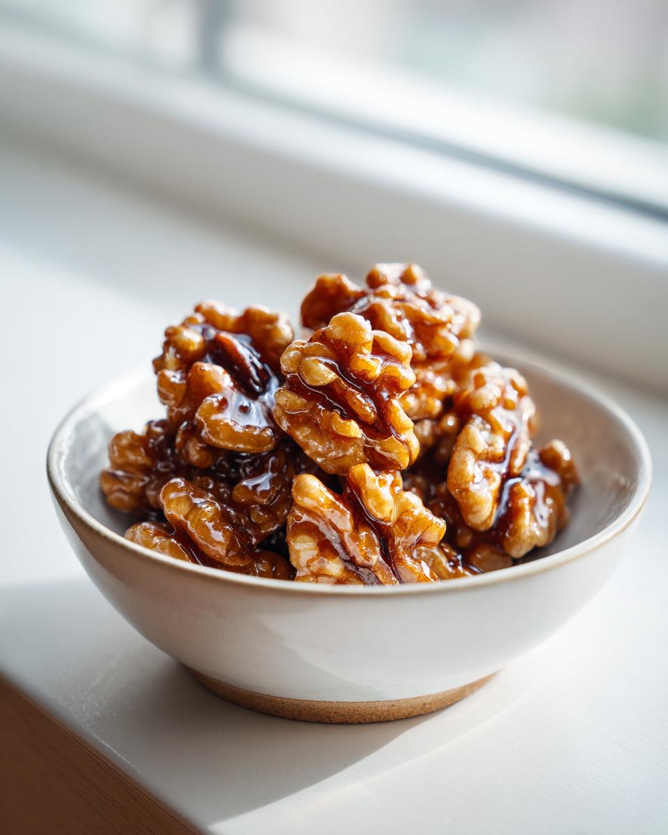 Close-up of glossy Maple Candied Walnut Recipe halves coated in thick, dark syrup in a small white bowl.