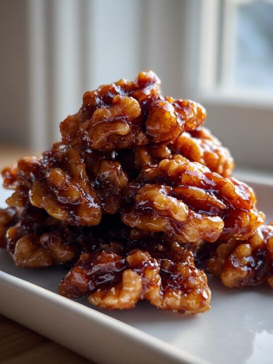 A close-up of a small pile of glossy, sticky Maple Candied Walnut Recipe nuts served on a white rectangular plate.