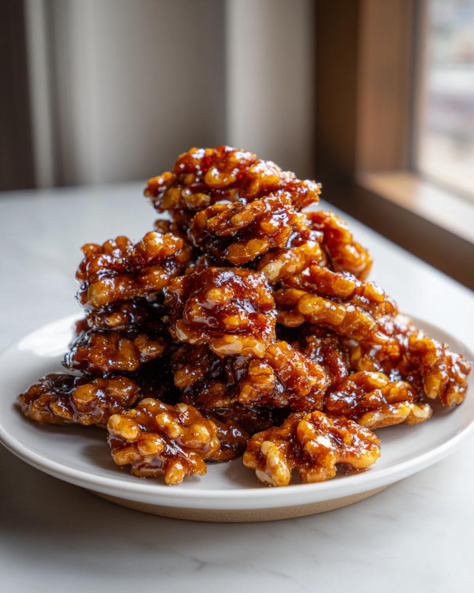 A tempting stack of glossy Maple Candied Walnut Recipe pieces piled high on a small white plate.