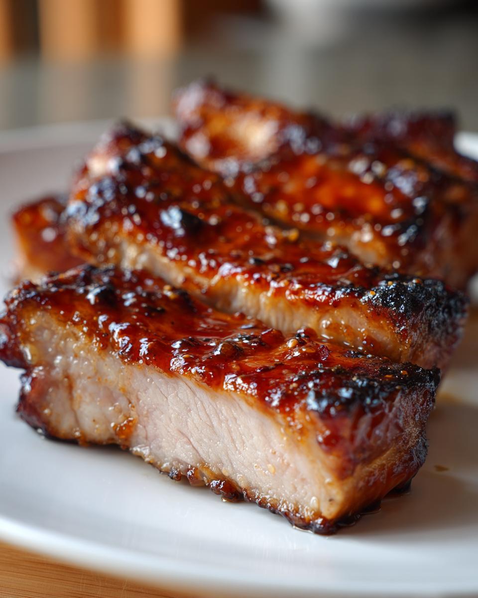 Close-up of thick-cut Maple Glazed Pork Chops, showing the caramelized, glossy glaze and juicy interior.