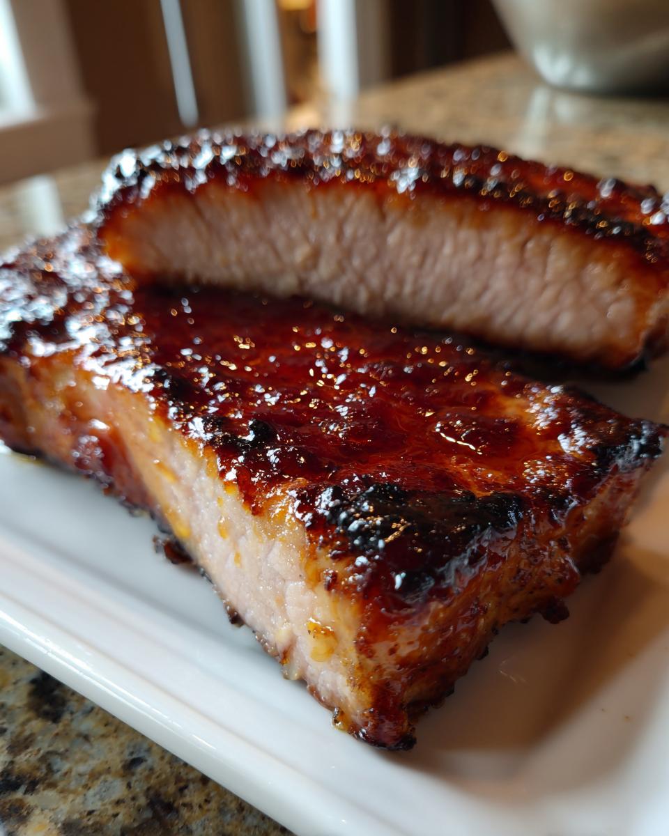 Close-up of two thick Maple Glazed Pork Chops, showing the shiny glaze and juicy interior.