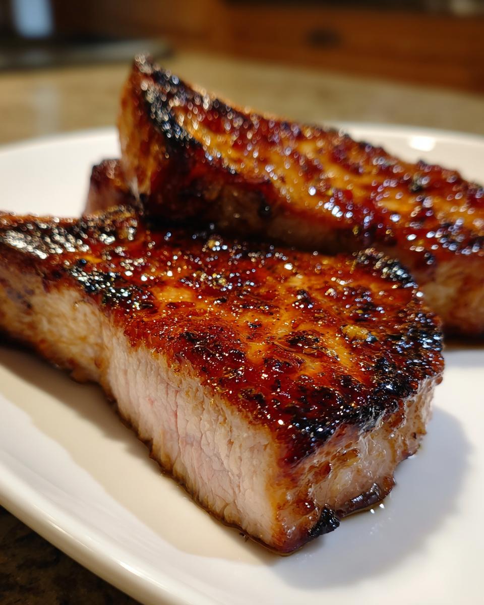 Close-up of thick-cut Maple Glazed Pork Chops showing a caramelized, shiny brown crust and juicy interior.