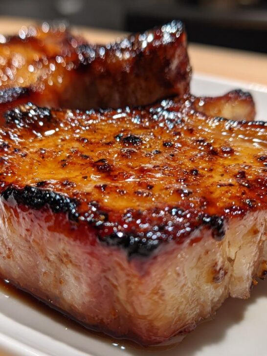 Close-up of two thick, juicy Maple Glazed Pork Chops with a shiny, caramelized, dark amber crust.