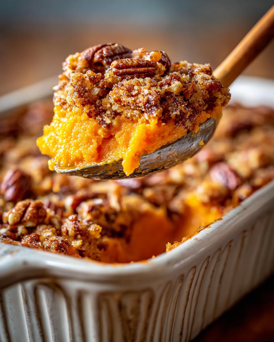 A spoonful of bright orange Maple Pecan Sweet Potato Casserole being lifted from a baking dish, showing the crunchy pecan topping.