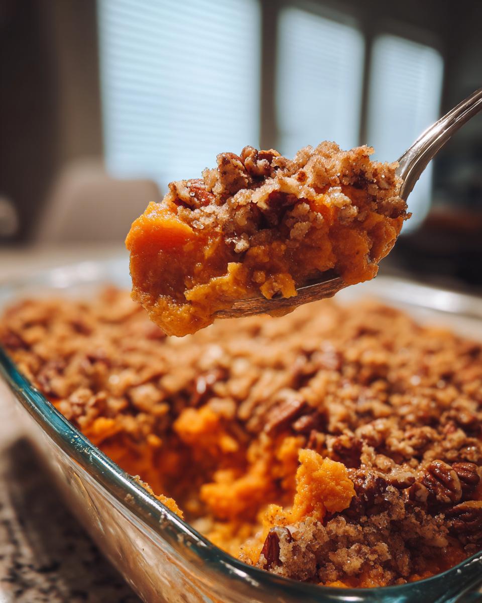 A spoonful of creamy Maple Pecan Sweet Potato Casserole topped with a crunchy pecan streusel.