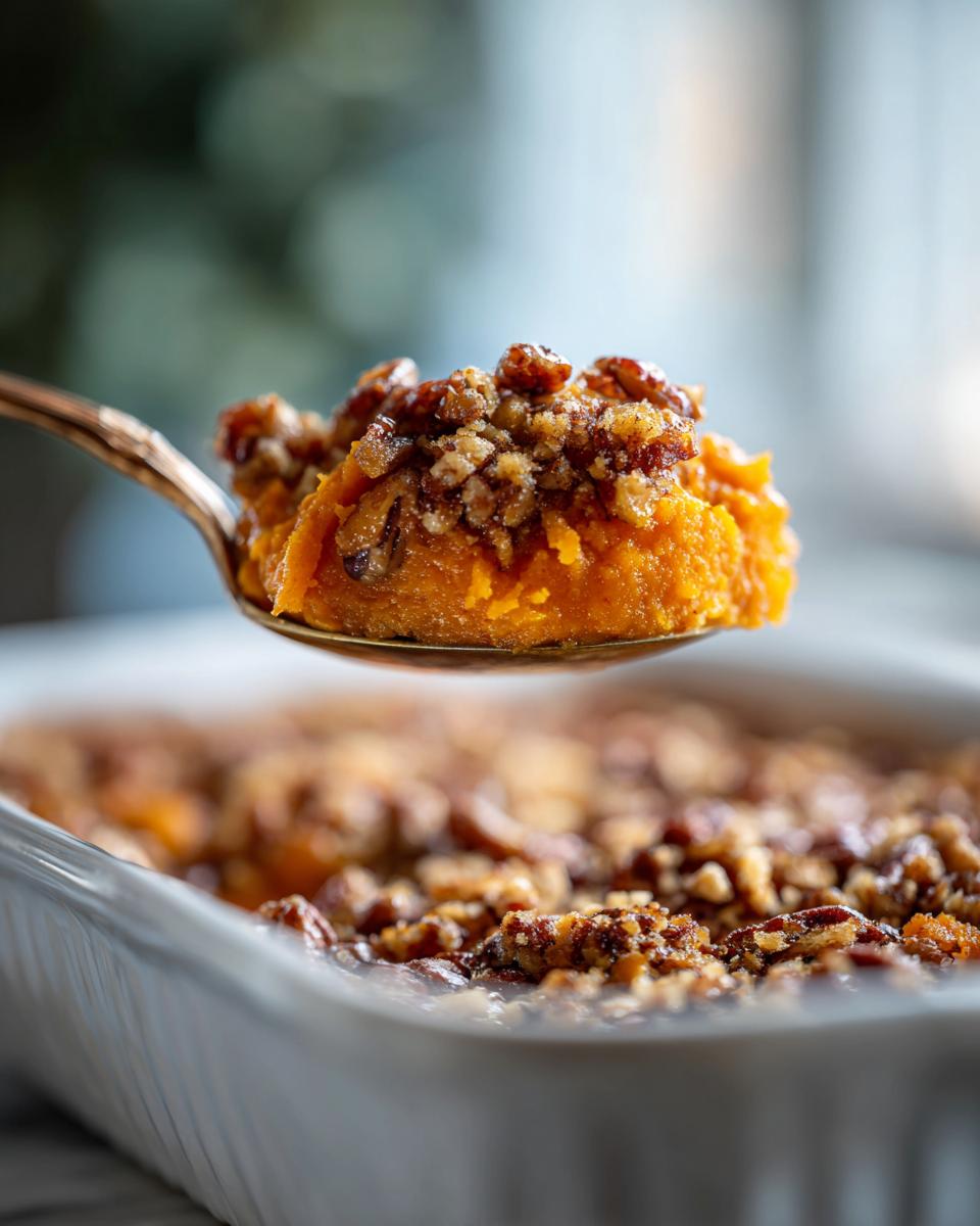 A spoonful of creamy Maple Pecan Sweet Potato Casserole being lifted from a white baking dish.