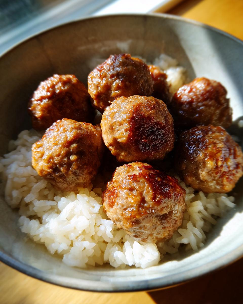 Close-up of seared meatballs resting on a bed of fluffy white rice in a ceramic bowl.
