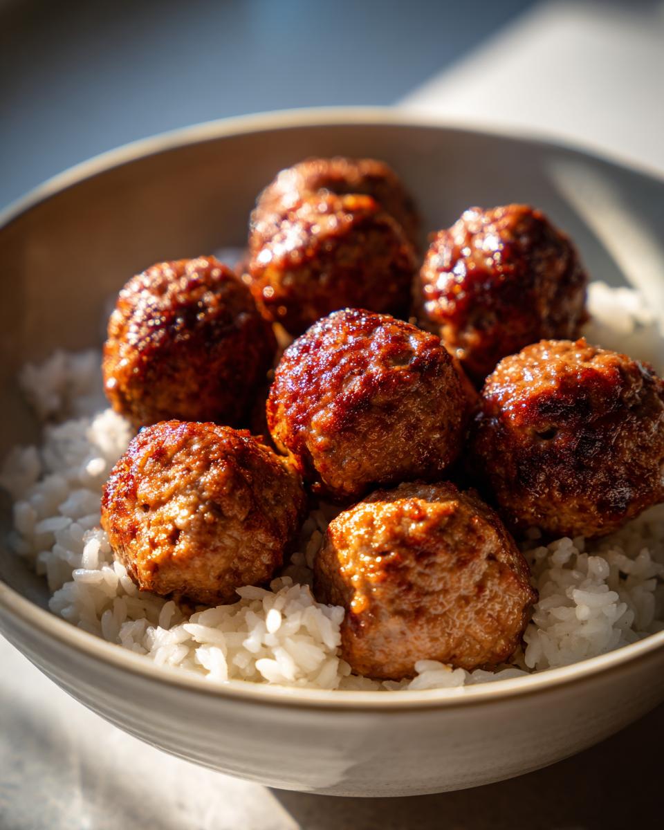Close-up of glazed, savory meatballs served over a bed of fluffy white rice in a light-colored bowl.