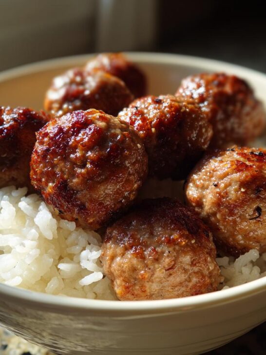 Close-up of perfectly seared meatballs served over fluffy white rice in a light-colored bowl, ready for the Meatballs And Rice Bowl.
